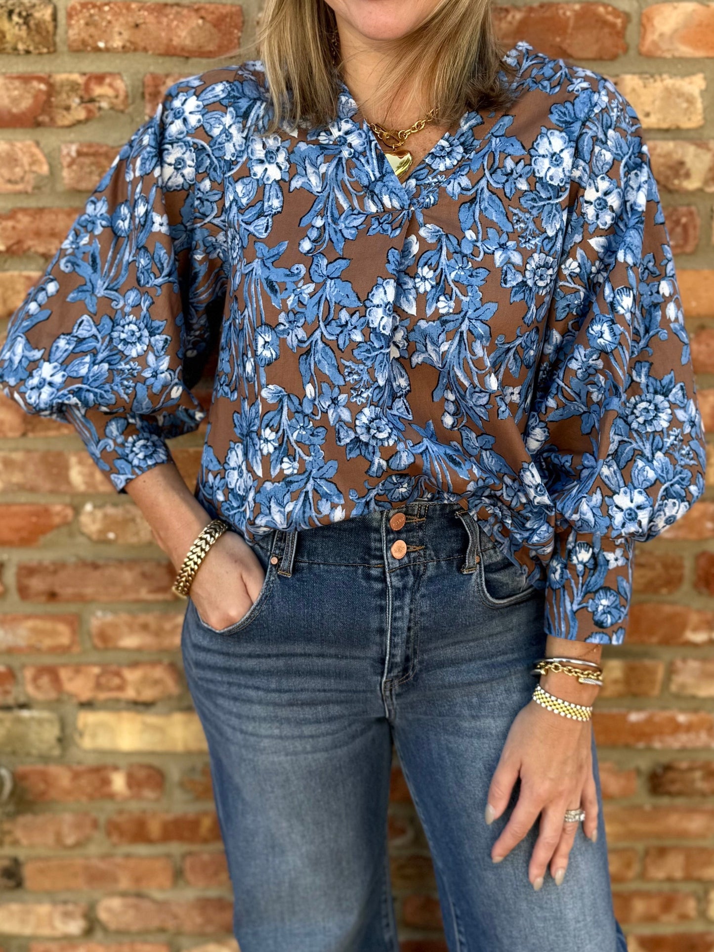 Pleated Floral Print V Neck Top