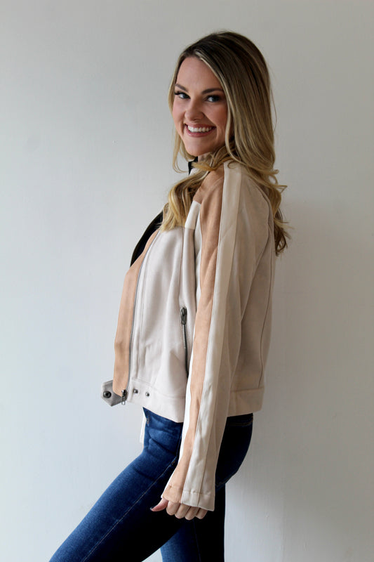 Color Block Moto Jacket - Oatmeal