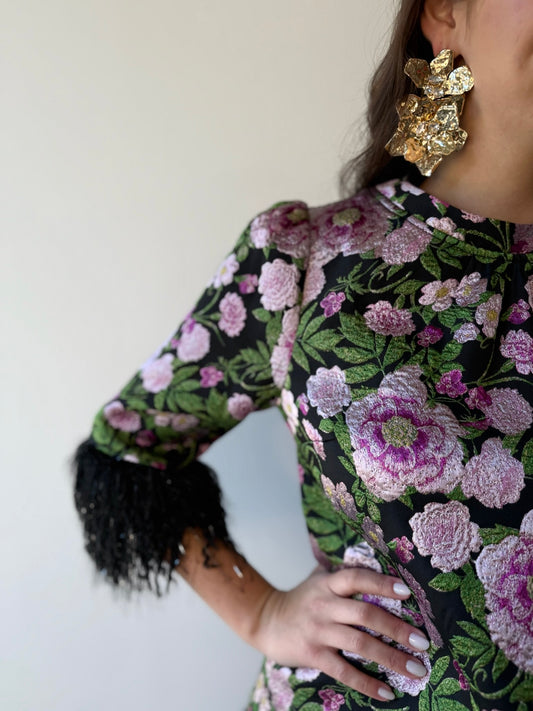 Floral Jacquard & Feather Dress