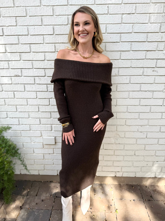 Off-Shoulder Knit Midi Dress - Brown