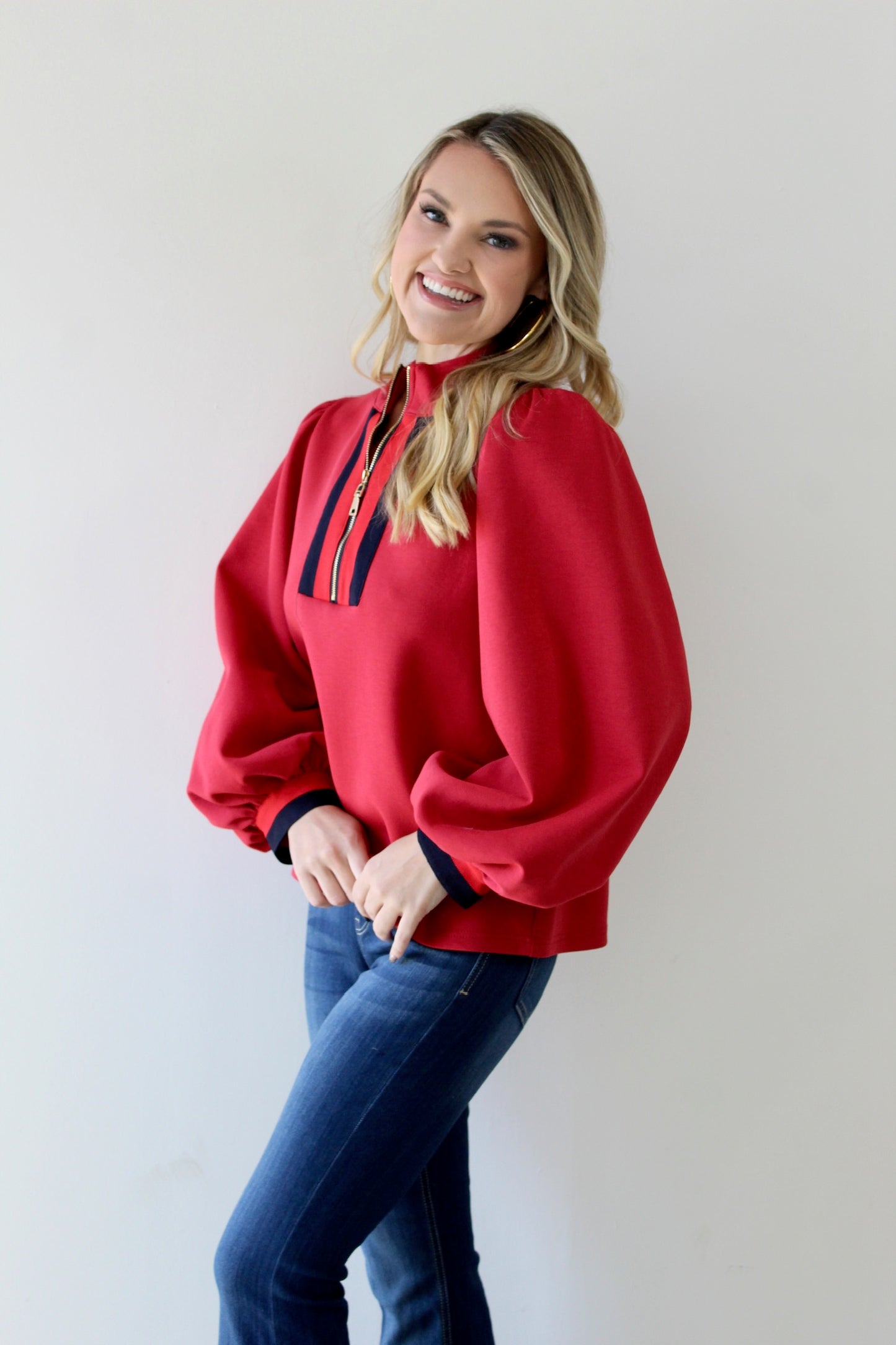Color Rib Band Zip Top - Red