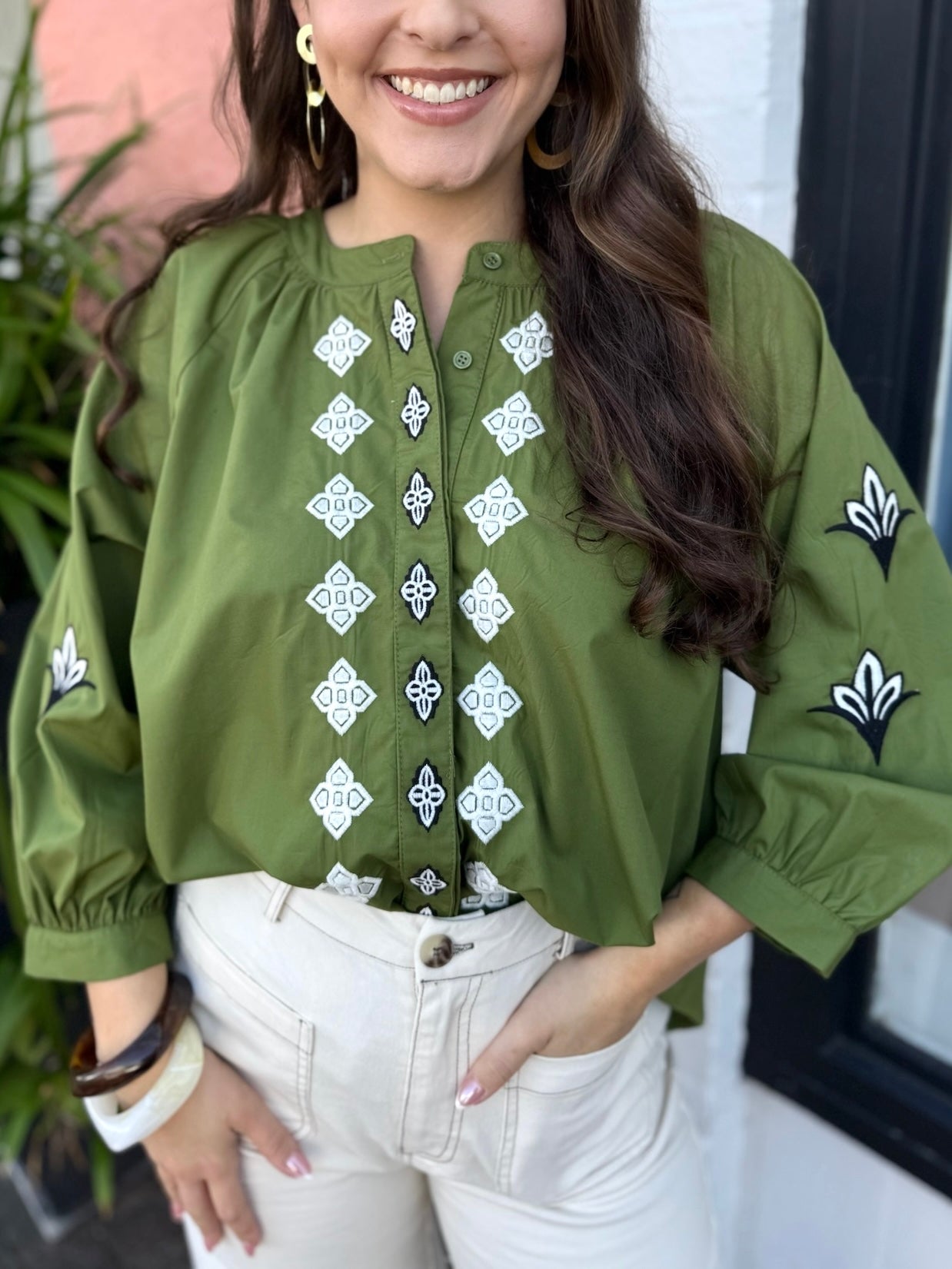 Grace Olive Button Top