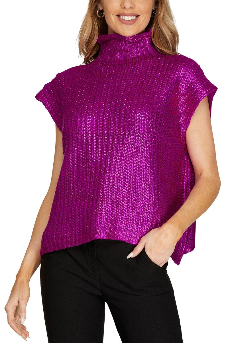 Glitzy Metallic Foil Mock Sweater - Magenta