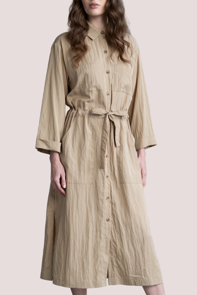Side Slit Shirt Dress with belt - Beige