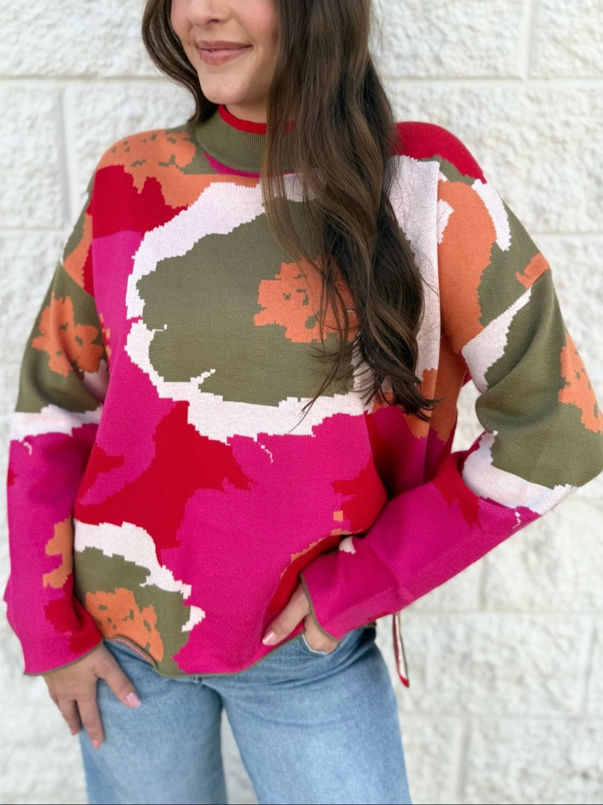 Abstract Floral Print Sweater - Olive Mix