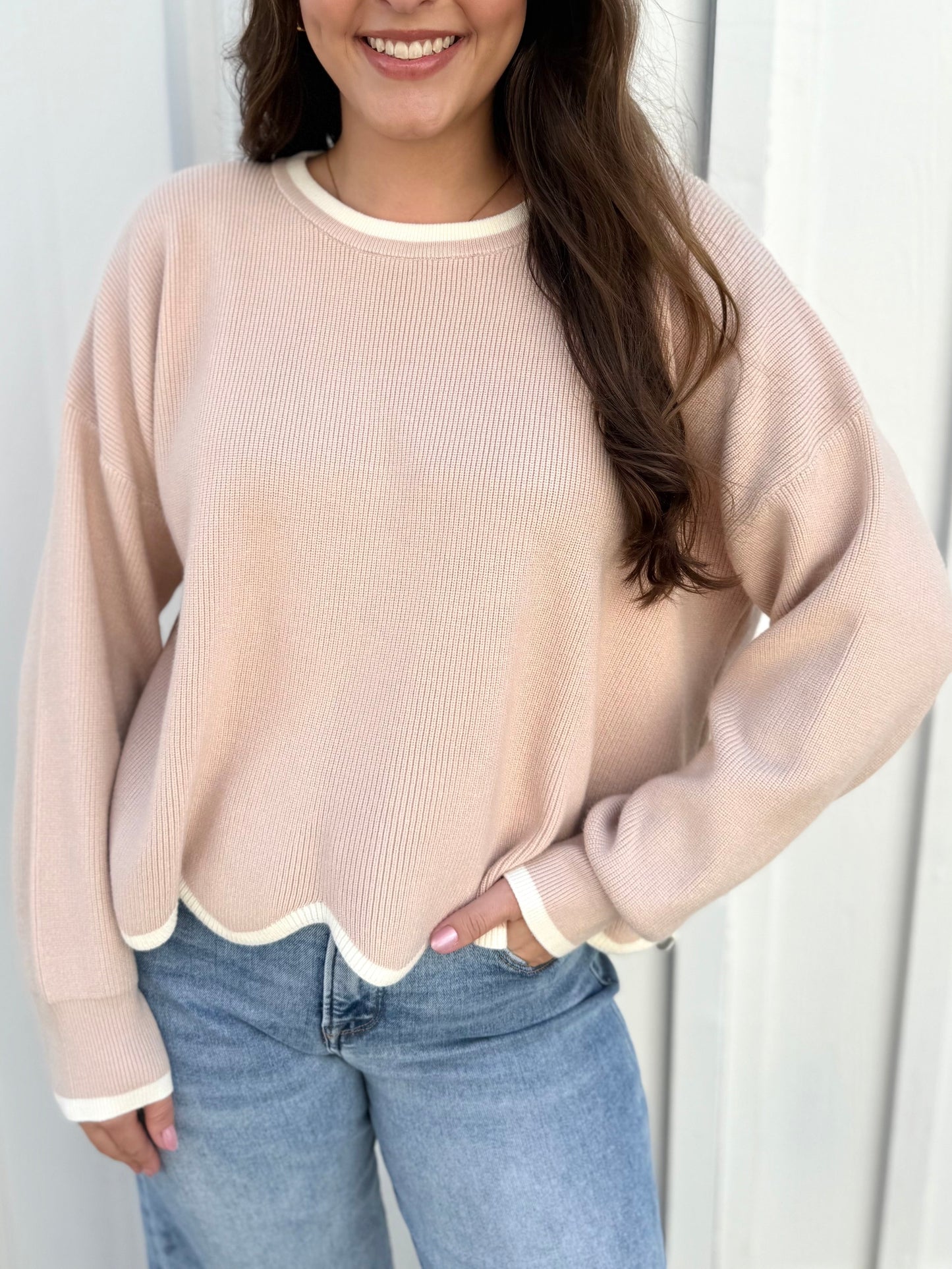 Contrast Scallop Hem Sweater - Taupe