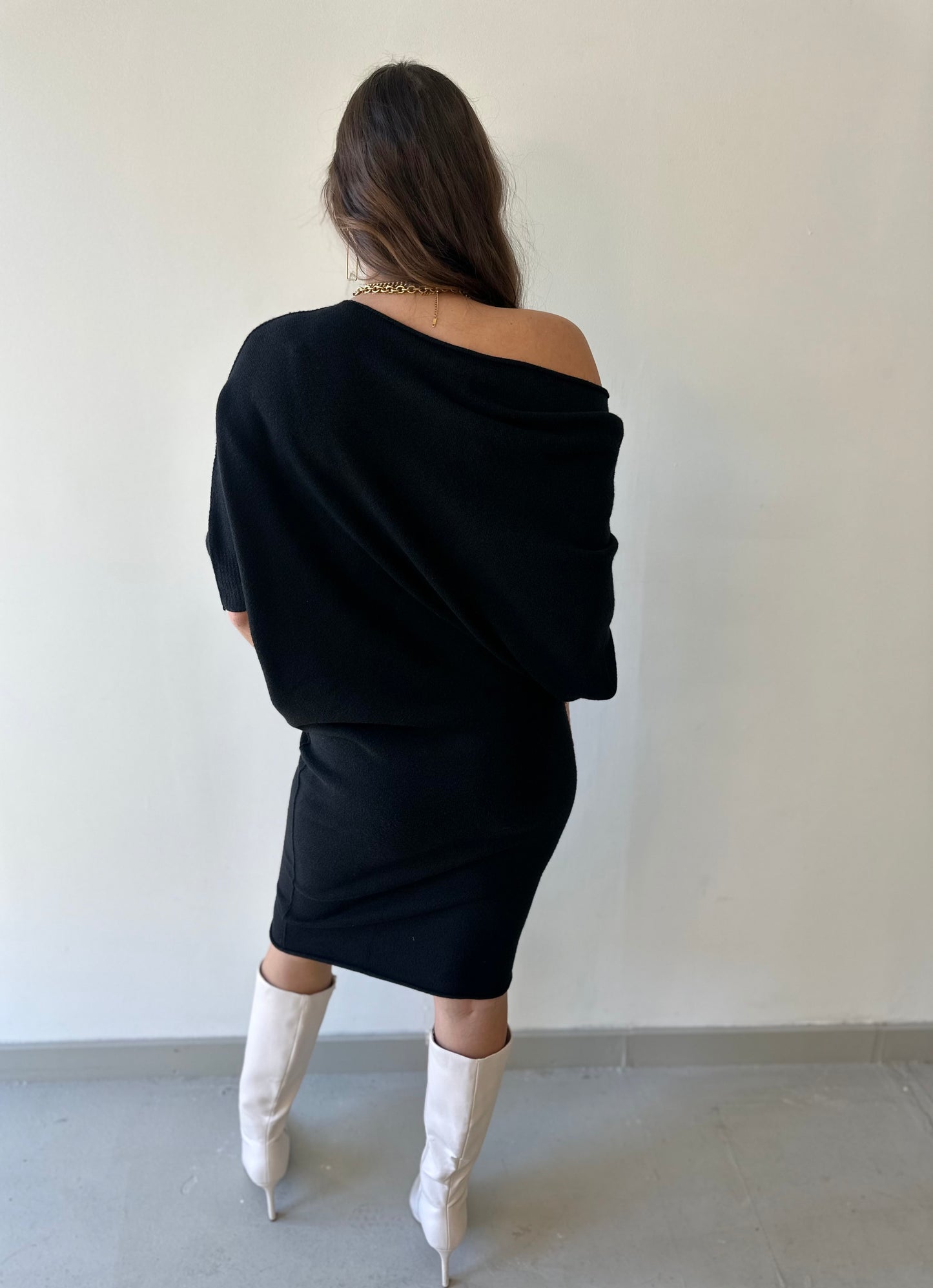 Asymmetrical Sweater Dress -Black