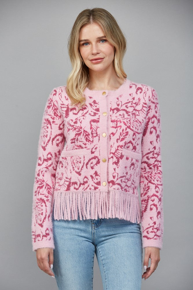 Jacquard Patterned Cardigan with Fringe