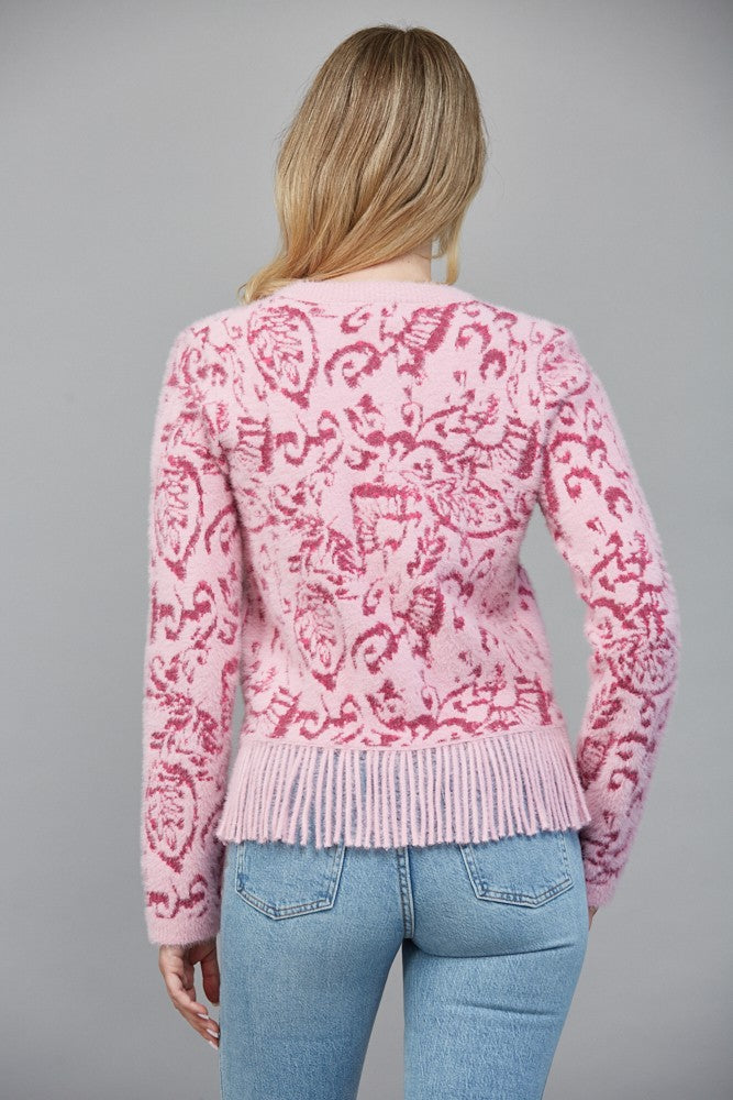 Jacquard Patterned Cardigan with Fringe