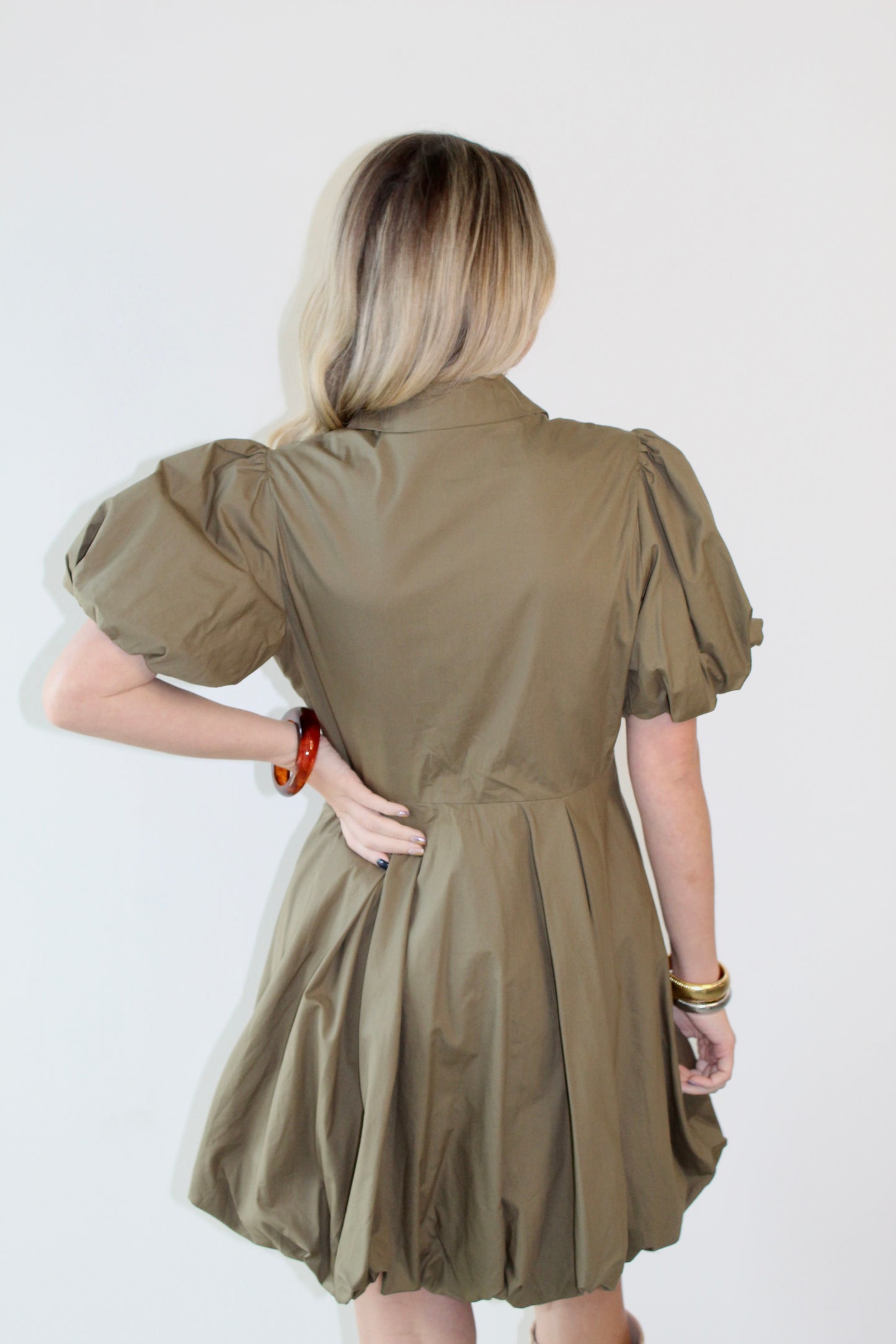 Bubble Hem Mini Shirt Dress - Olive