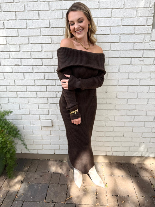 Off-Shoulder Knit Midi Dress - Brown