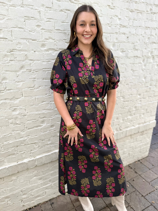 Botanical Puff Sleeve Midi Dress