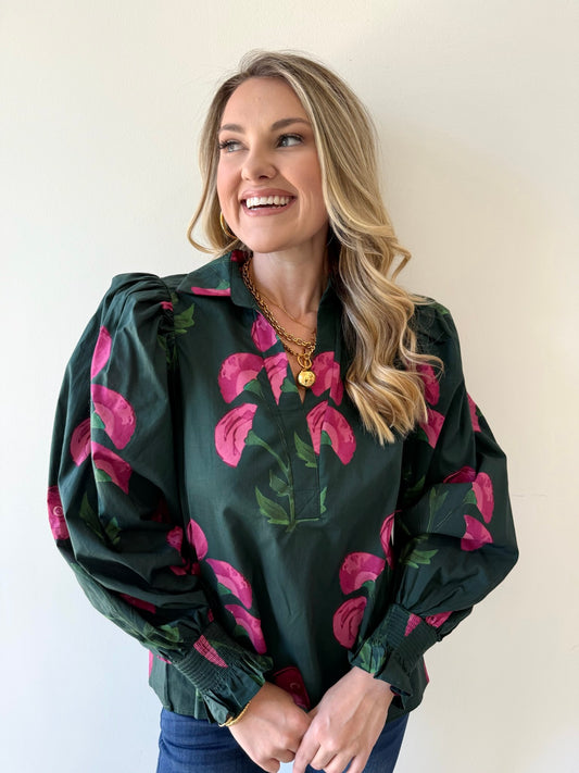 Floral Puff Sleeve Top - Green