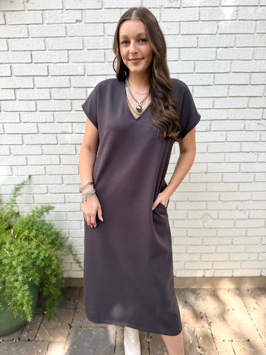 Draped V Neck Midi Dress