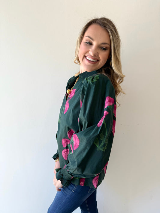 Floral Puff Sleeve Top - Green