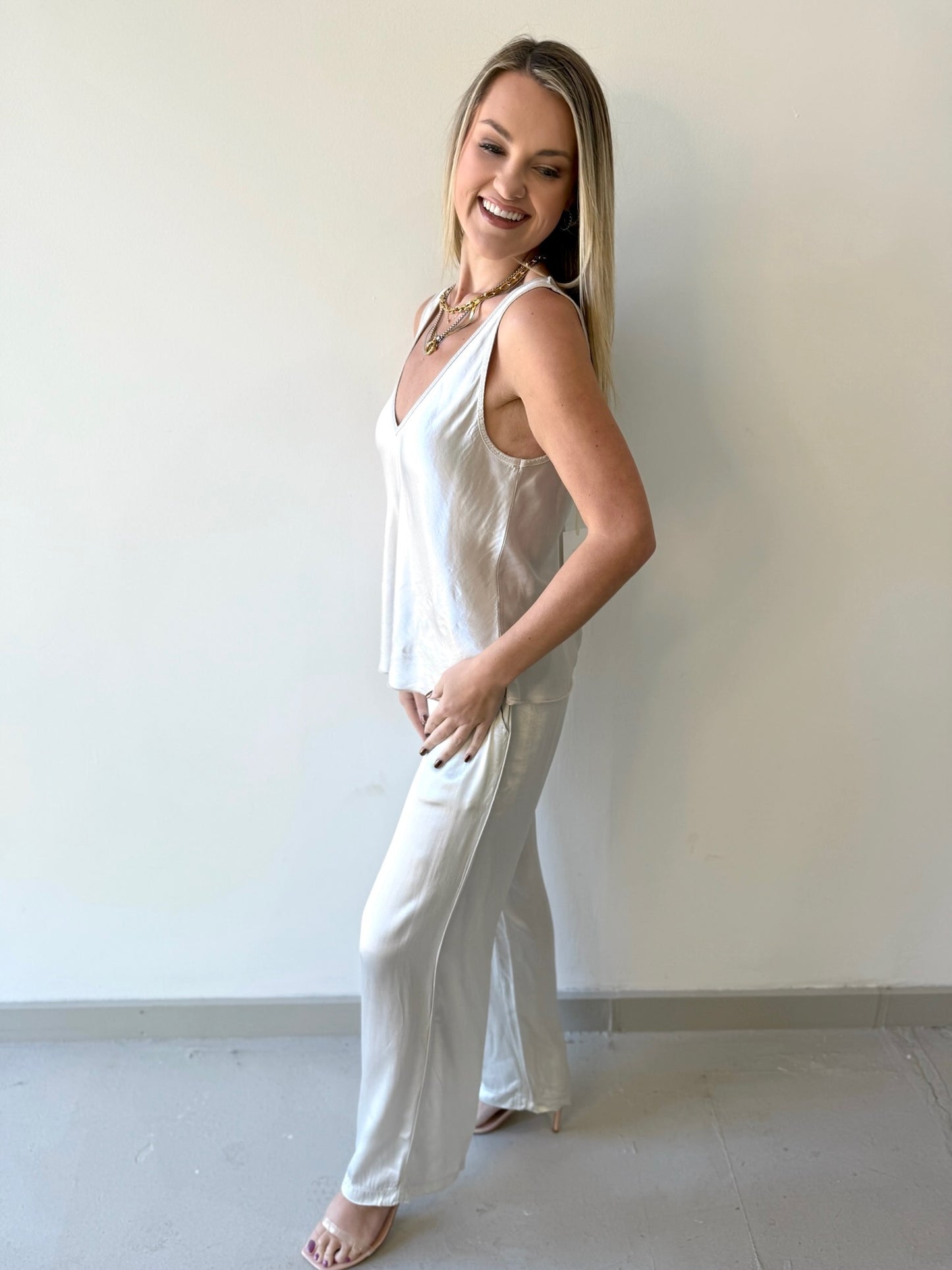 Italian V Neck Wide Strap Tank - Beige