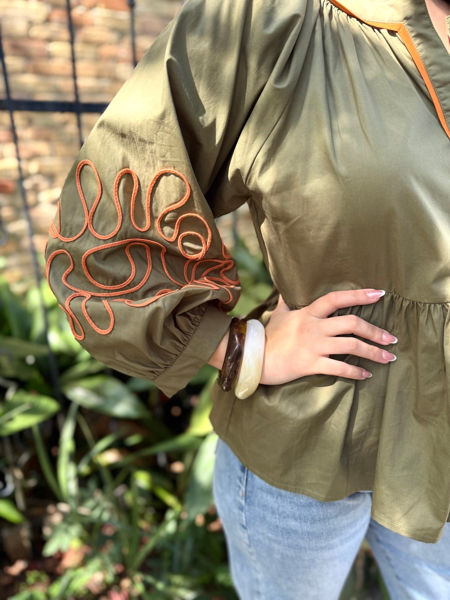 Soutache Embroidered Peplum Top - Olive