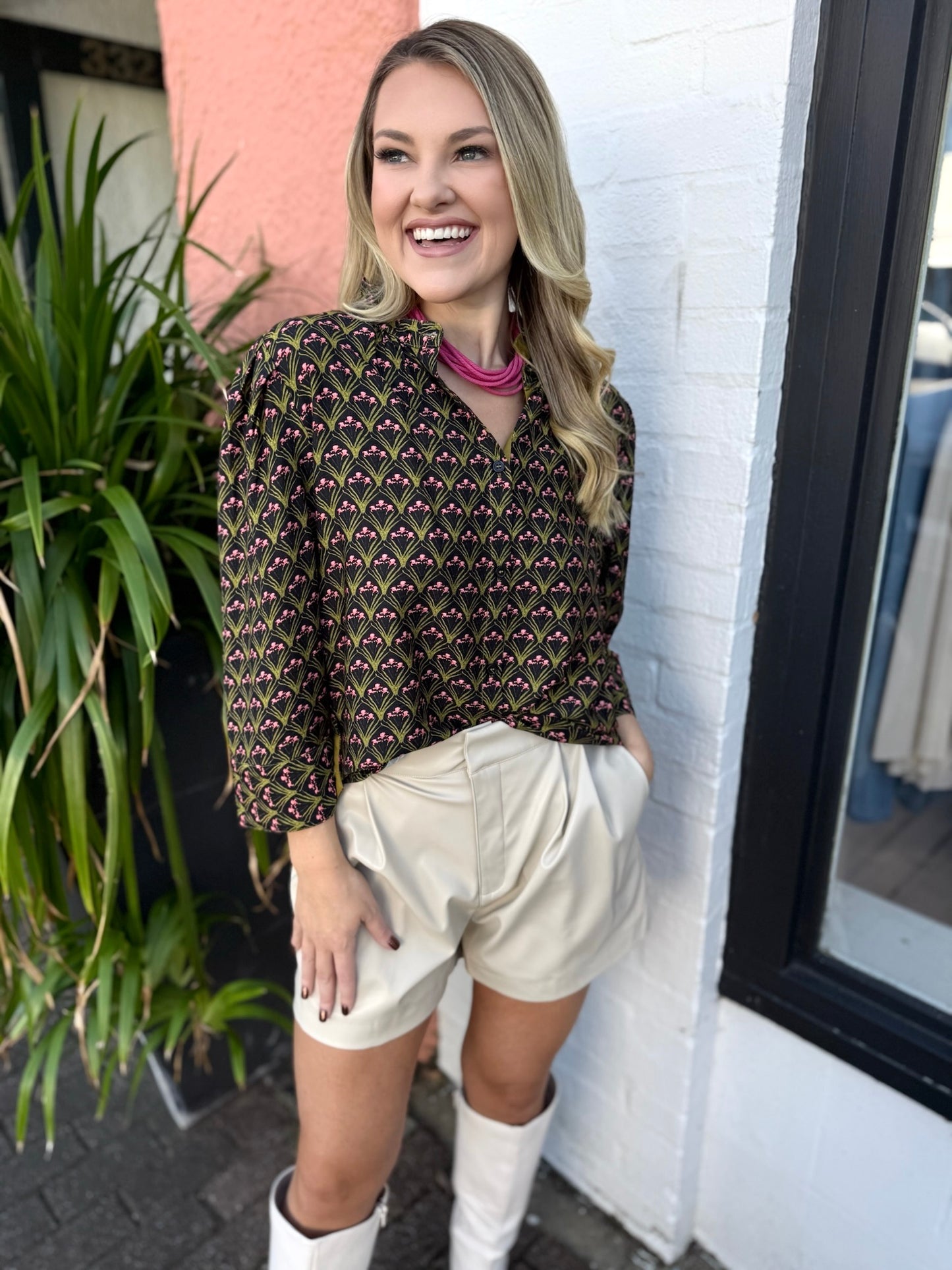 Contrast Boho Floral Top - Black