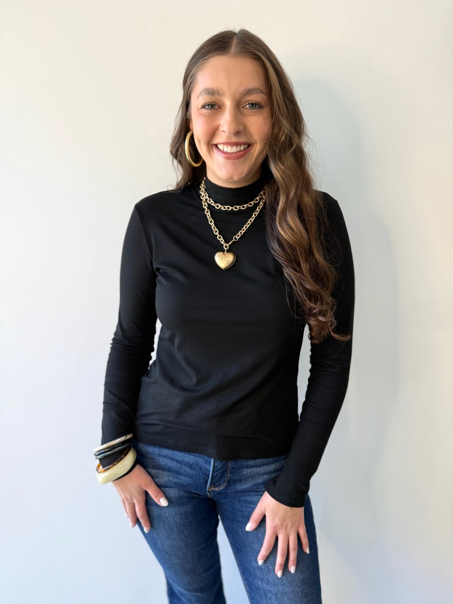 Rib Mock Neck Top - Black