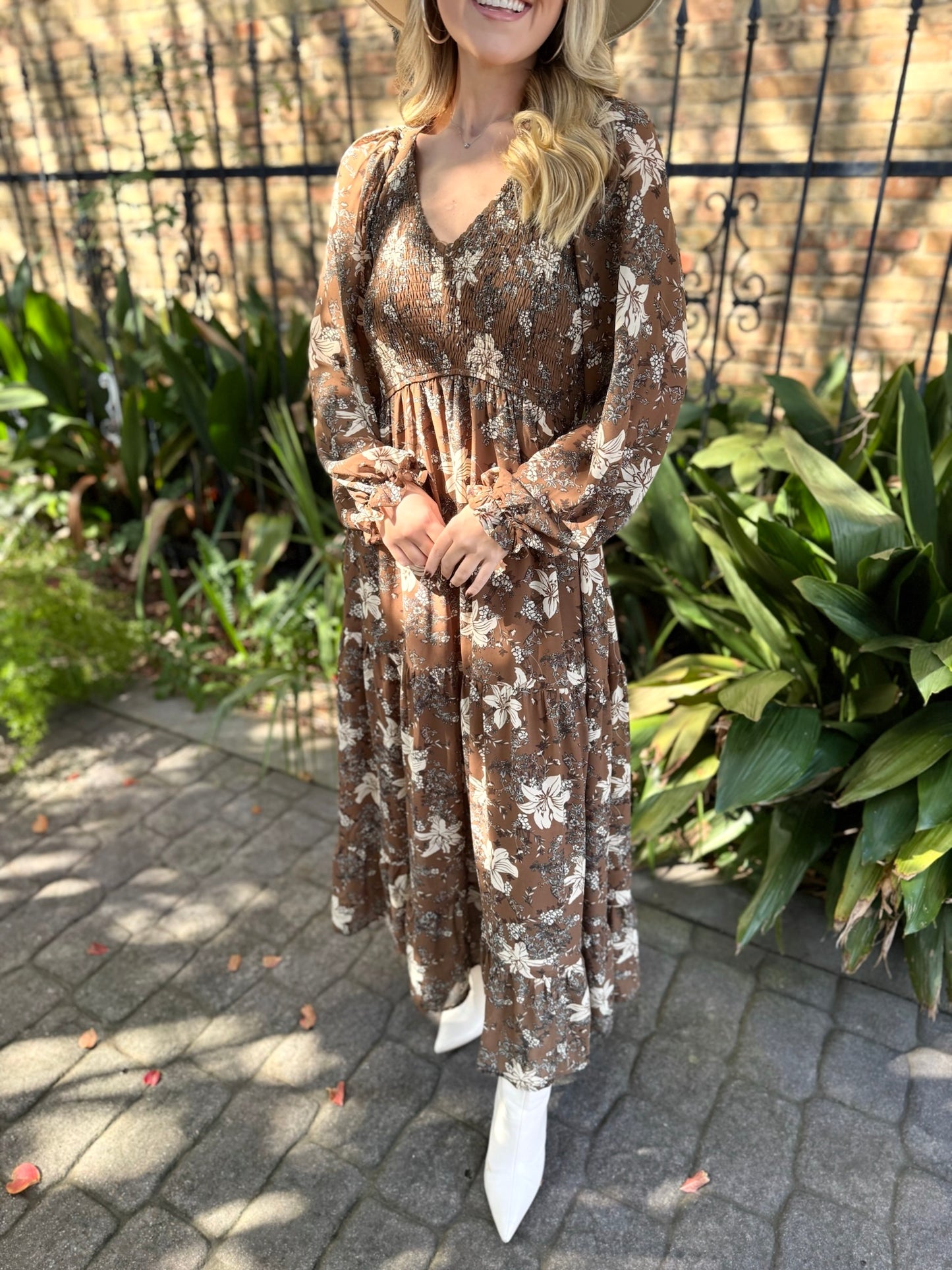 Mocha Mousse Smocked Floral Midi