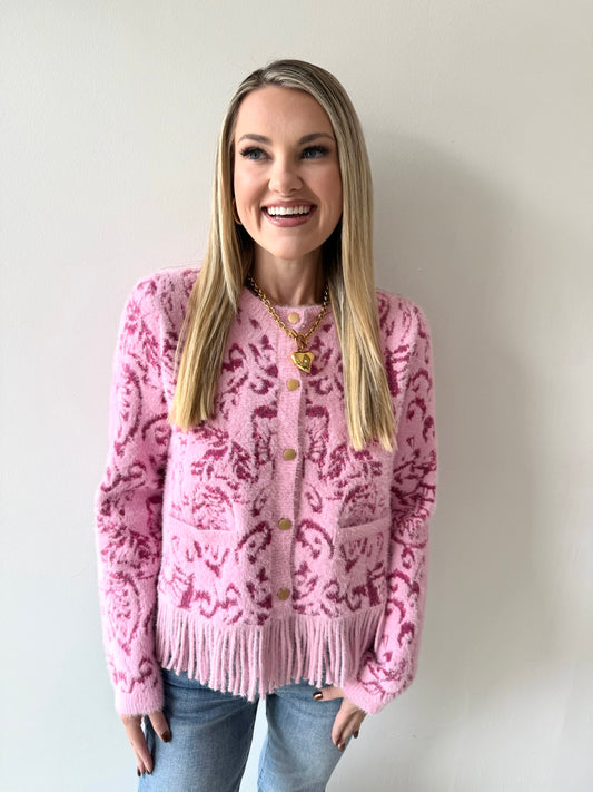 Jacquard Patterned Cardigan with Fringe