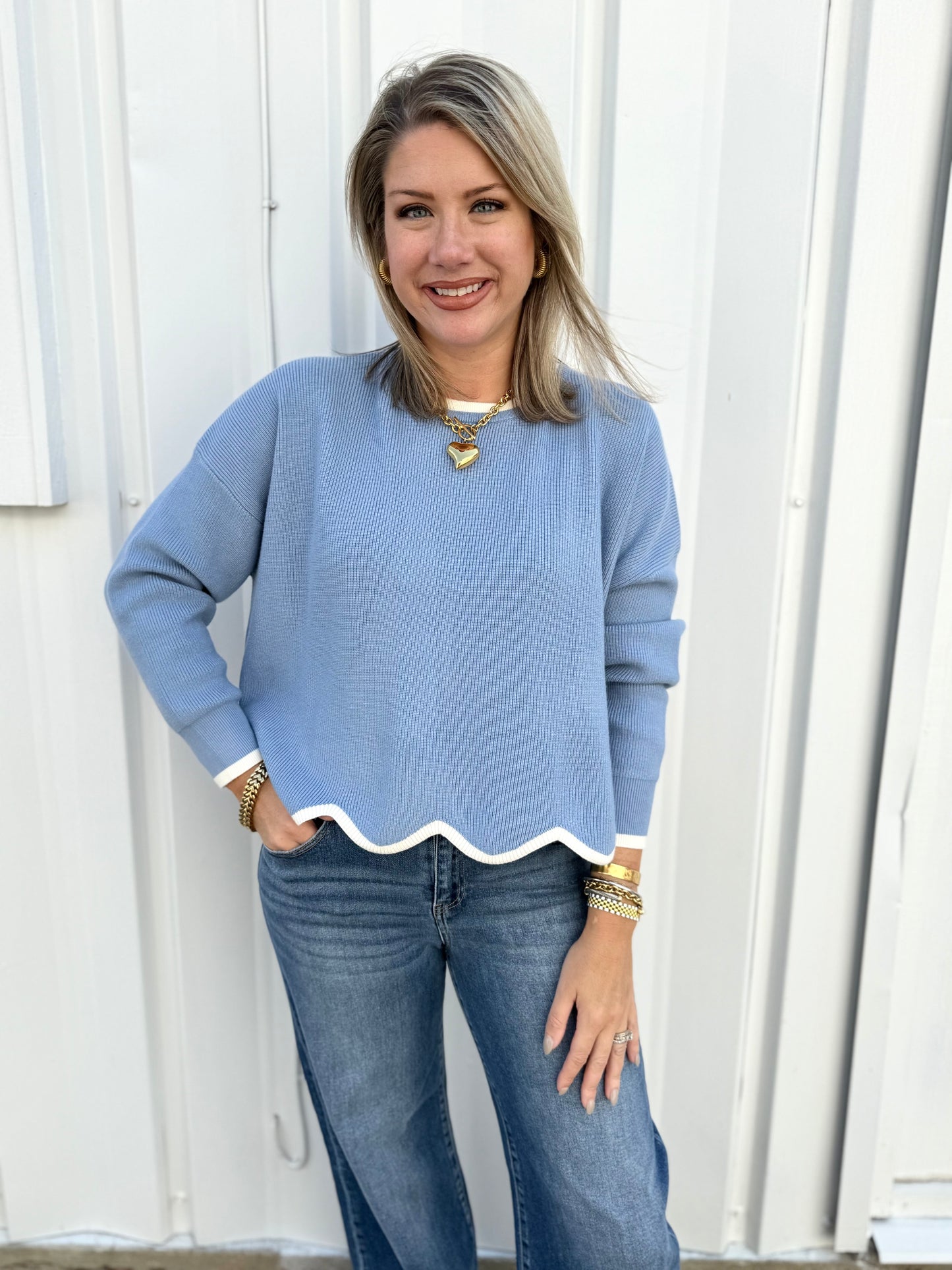 Contrast Scallop Hem Sweater - Misty Blue