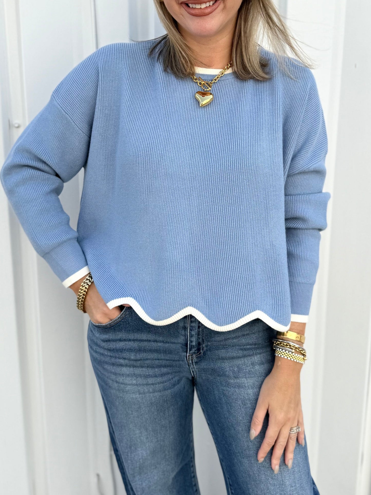 Contrast Scallop Hem Sweater - Misty Blue