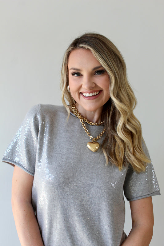 Tiny Sequins Knit Top -Heather Grey