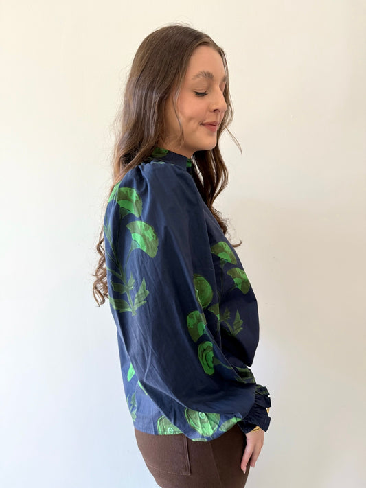 Floral Puff Sleeve Top - Navy