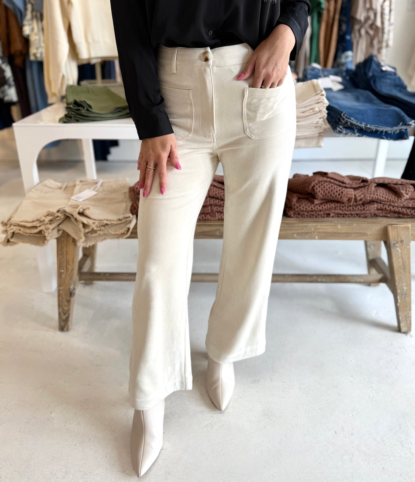 Faux Suede Wide Leg Pants - Cream