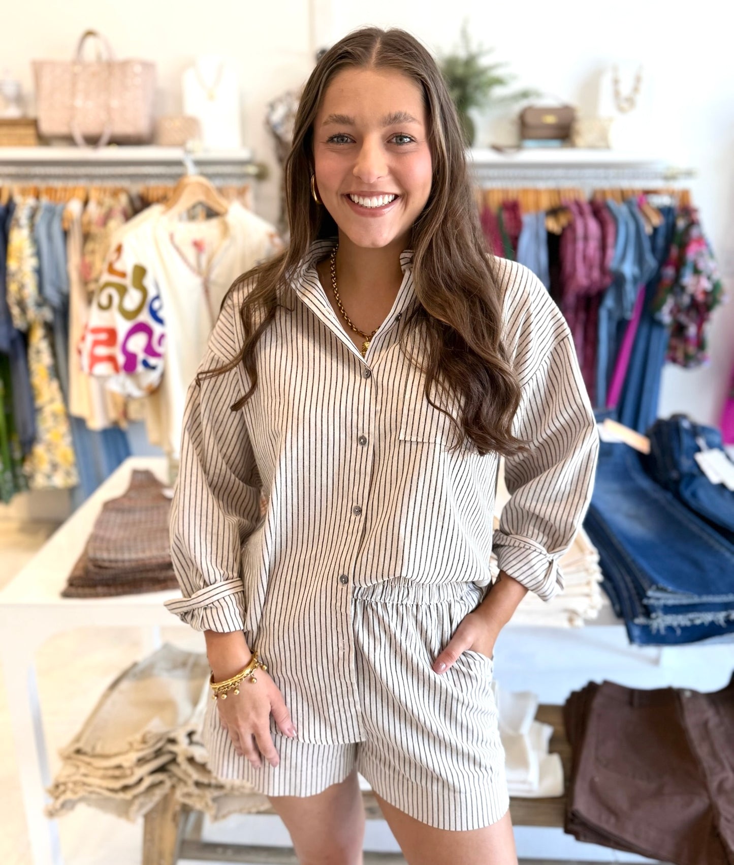 Aria Stripe Shirt & Short Set - Natural Black