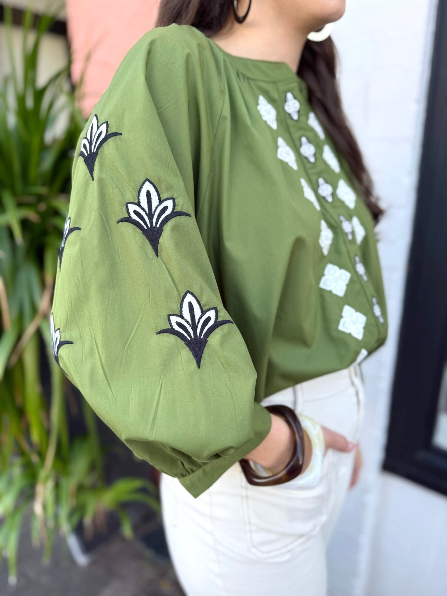 Grace Olive Button Top