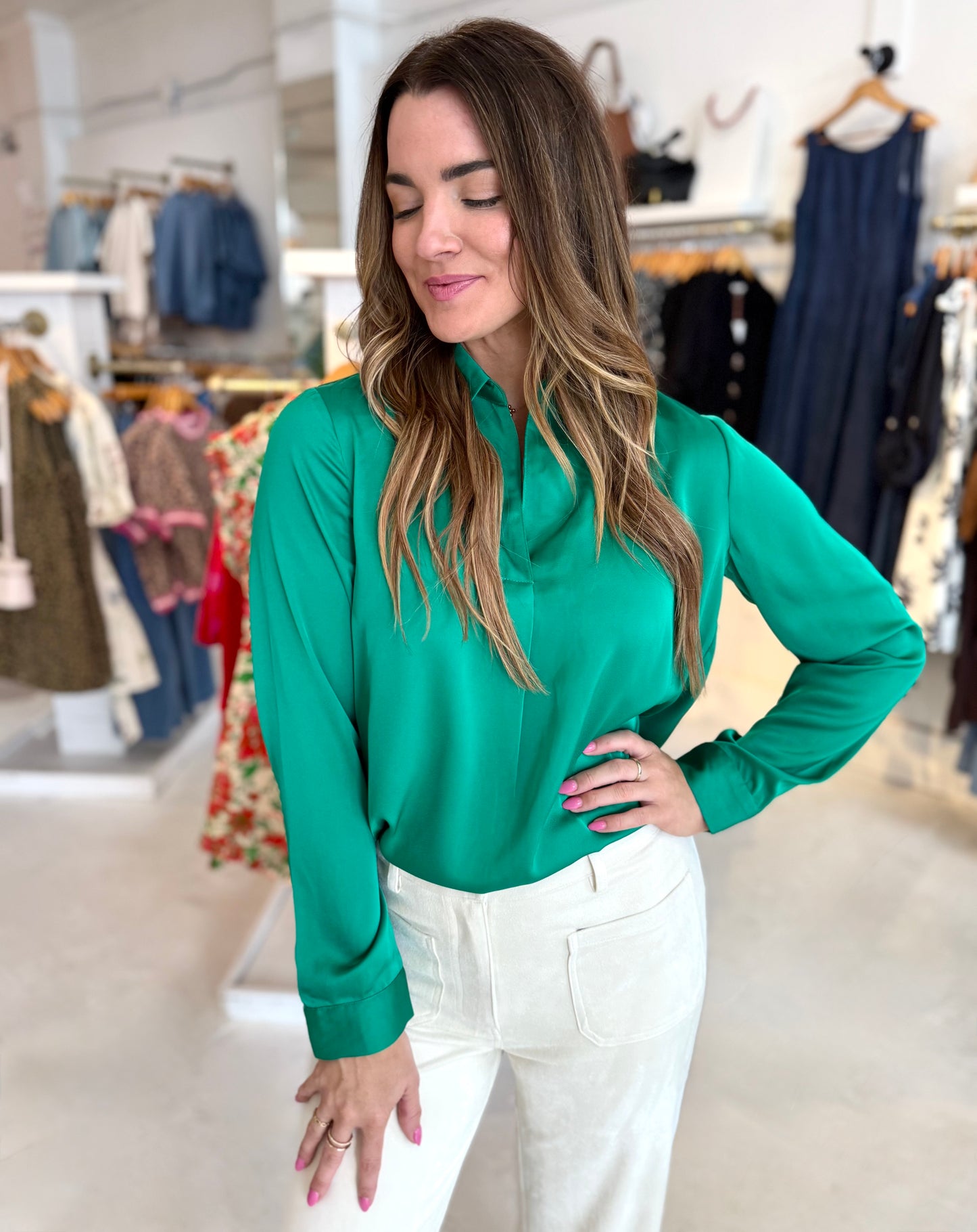 Kelly Green Satin Blouse