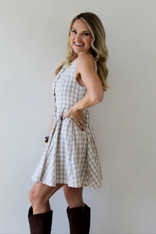 Gingham Mini Swing Dress - Beige