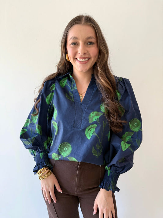 Floral Puff Sleeve Top - Navy