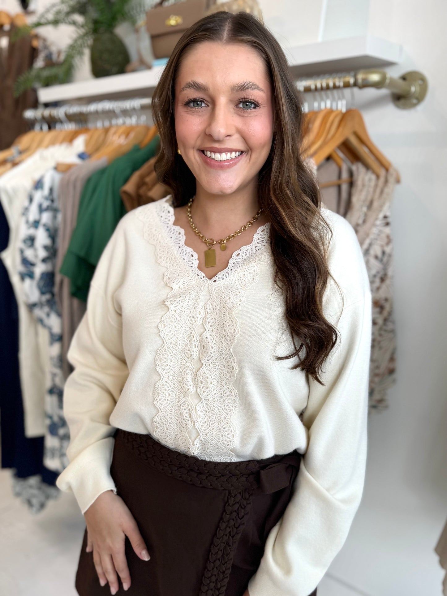 Lace Cream Trim Sweater