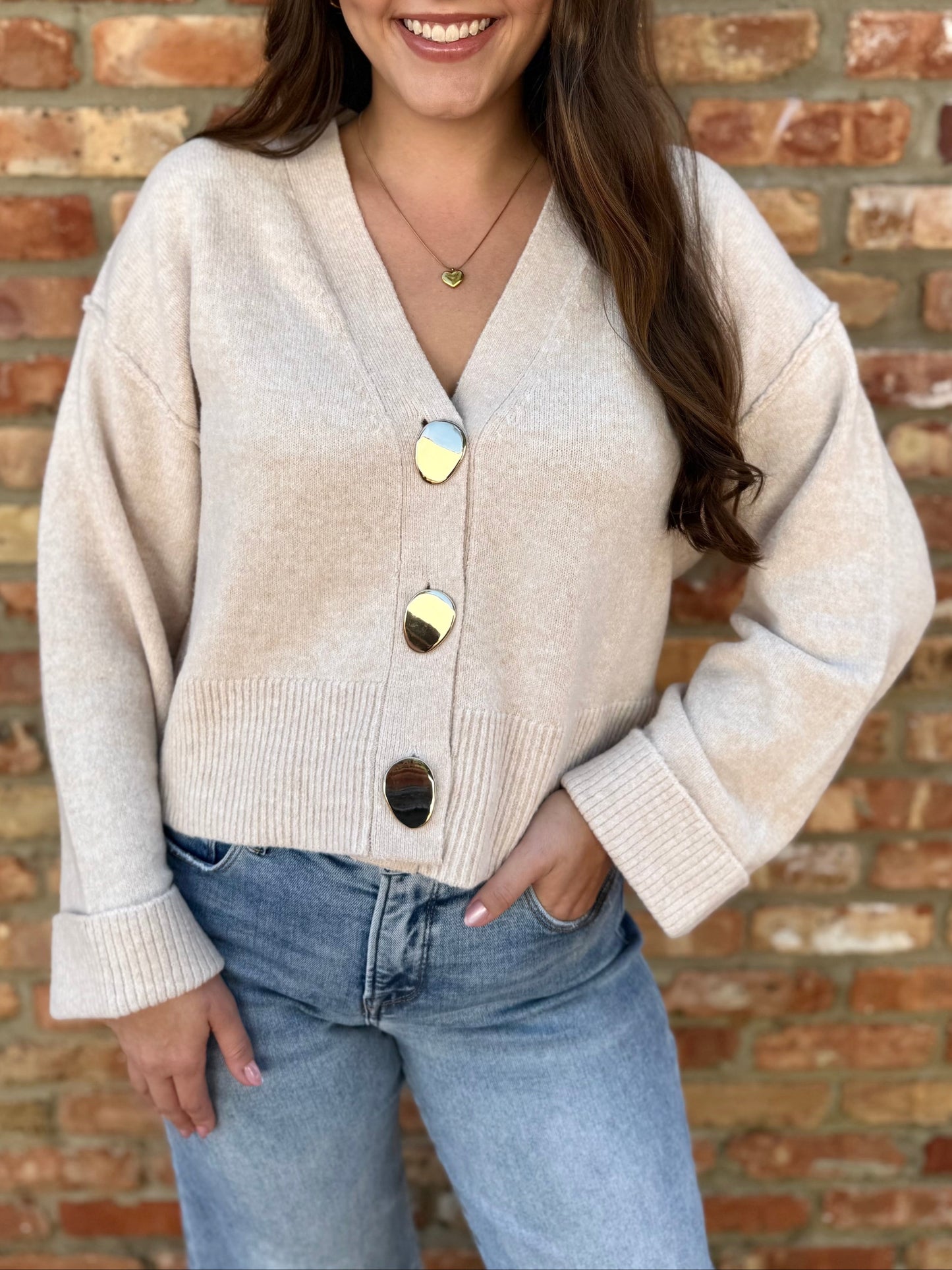 Accent Button Down Knit Cardigan - Oatmeal