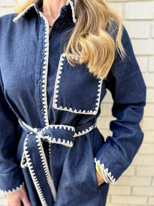 Tie Waist Collared Denim Dress