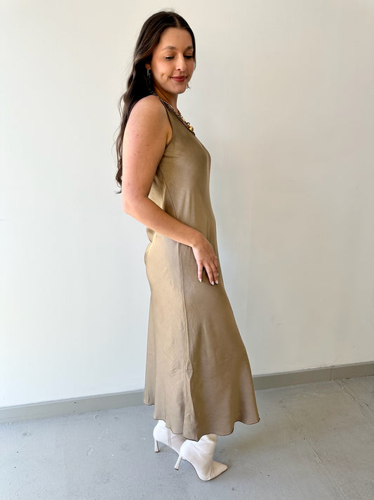 Silk V Neck Cut Maxi Dress - Camel