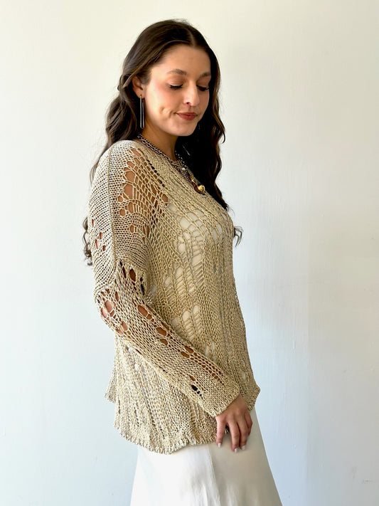 Metallic Crochet Tunic Sweater - Gold