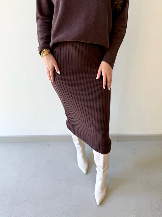 Italian Knit Ribbed Fitted Skirt - Brown