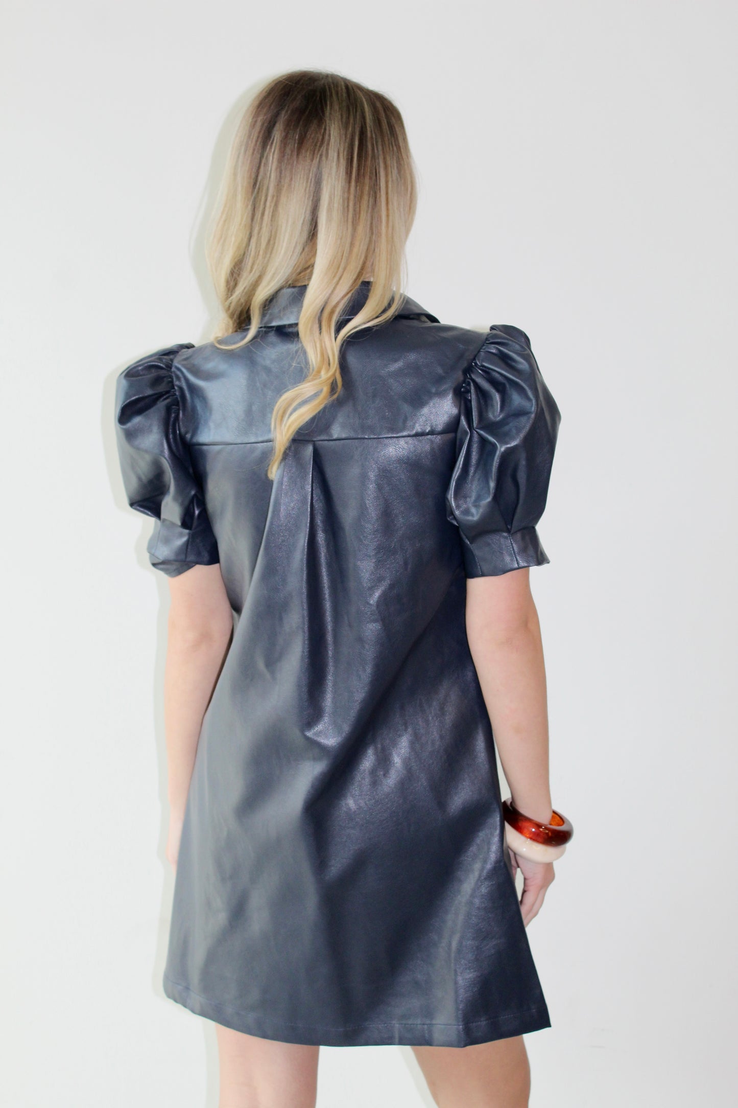 Vegan Leather Mini Dress - Navy