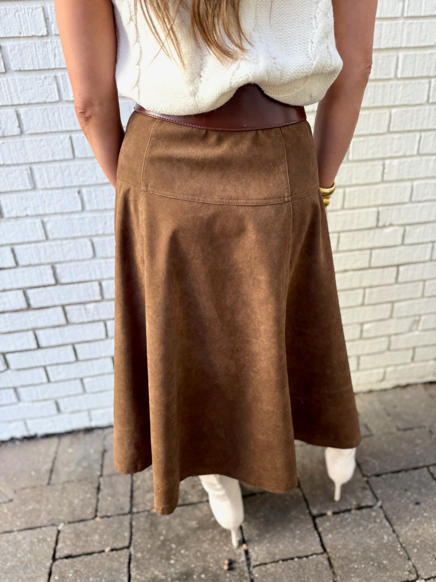 High Waisted A Line Vegan Suede Skirt