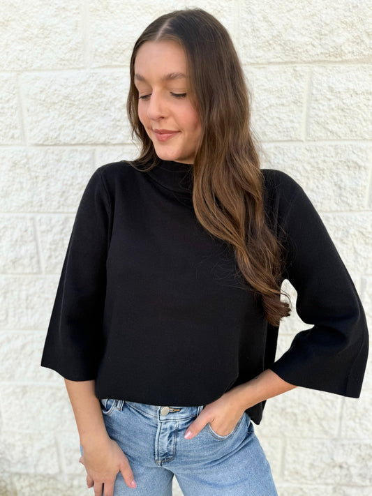 Mock Neck Bell Sleeve Sweater - Black