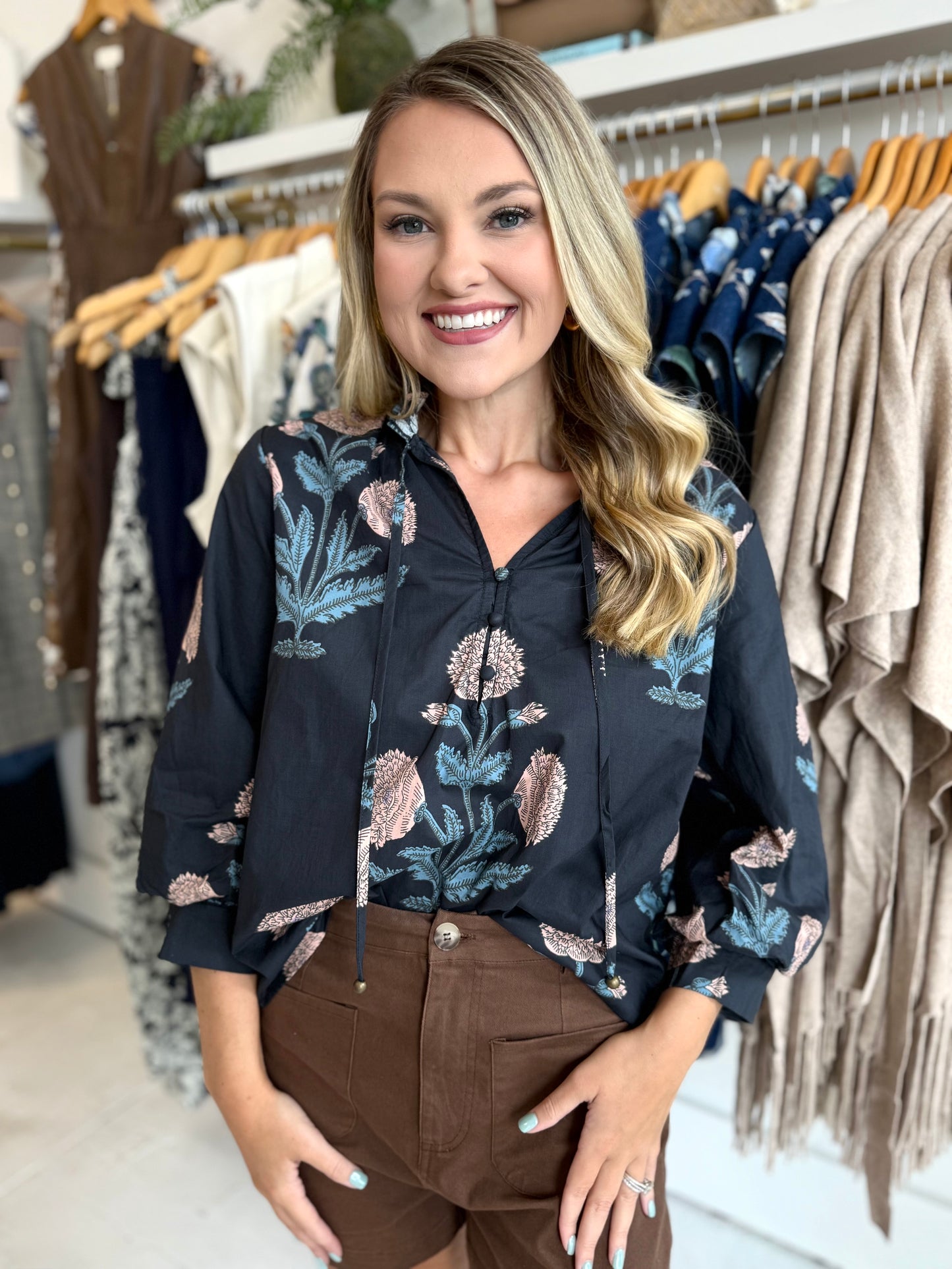 Hattie Floral Print Top - Navy