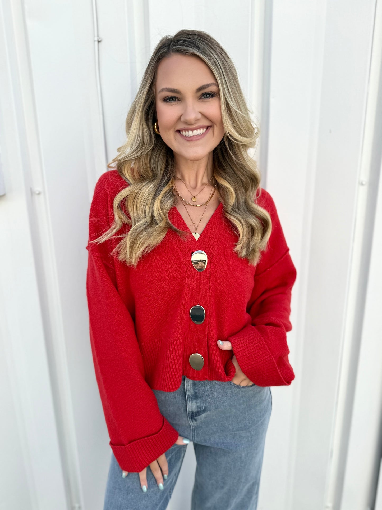Accent Button Down Knit Cardigan - Red