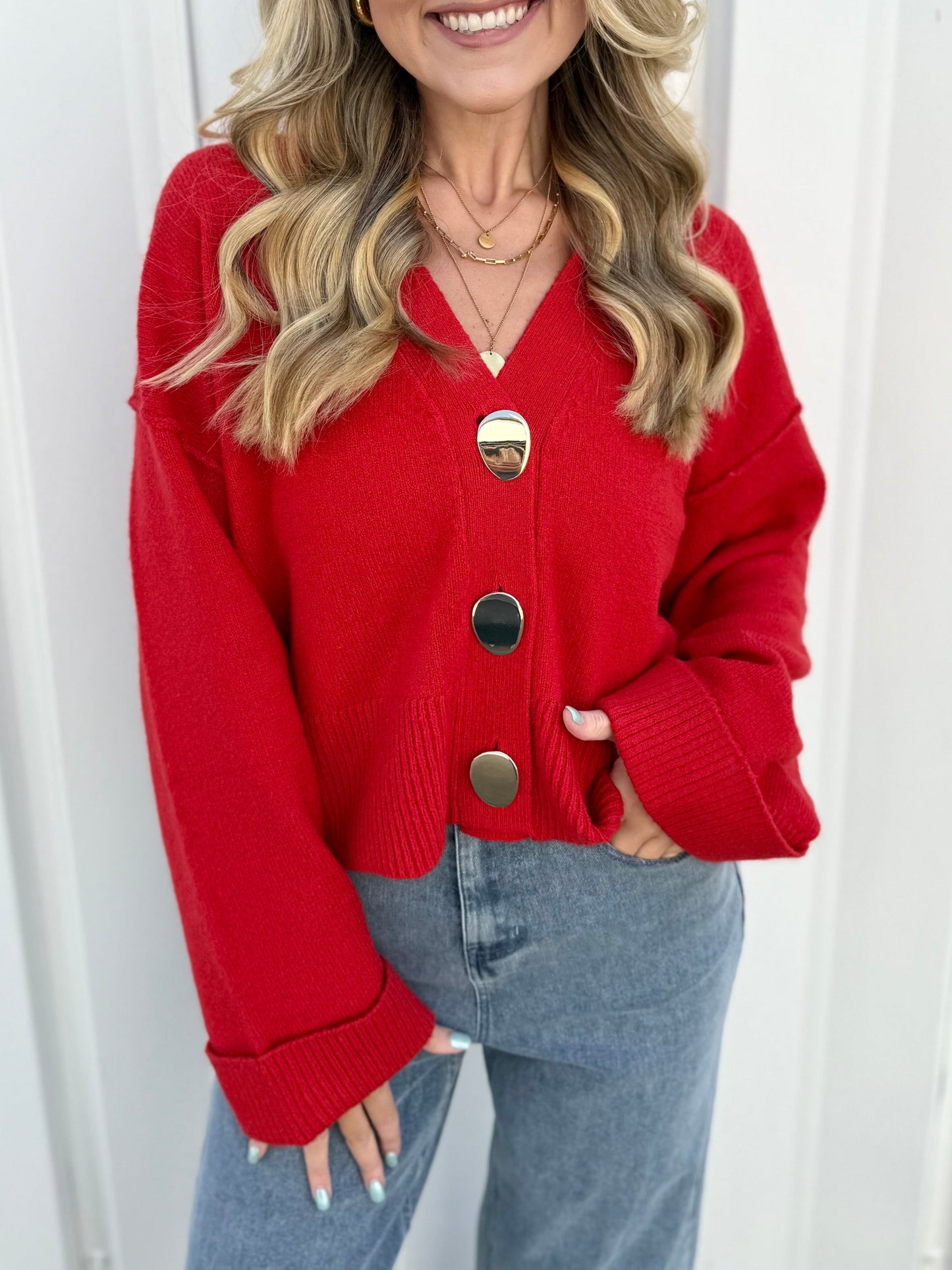 Accent Button Down Knit Cardigan - Red