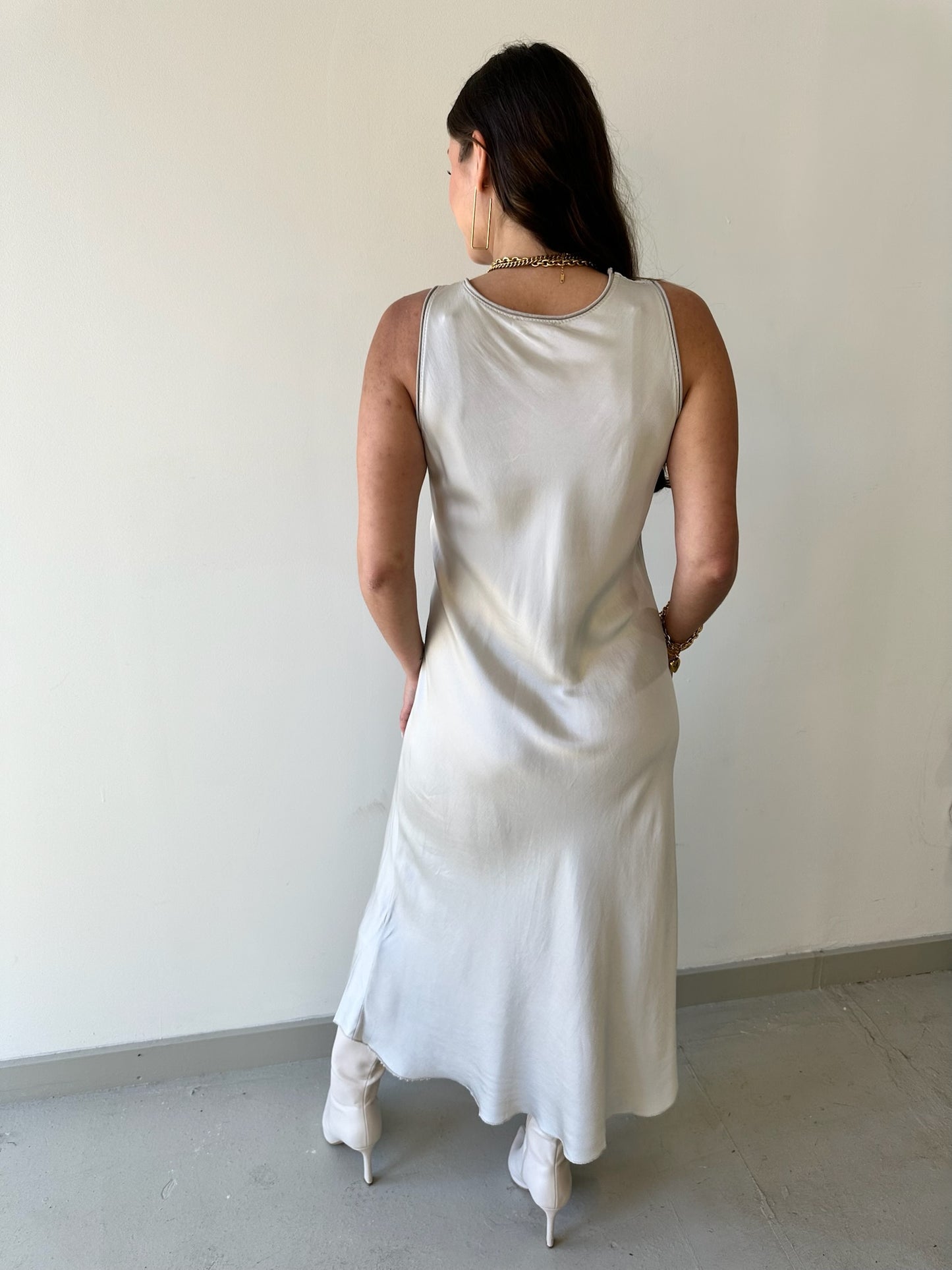 Silk V Neck Cut Maxi Dress - Beige