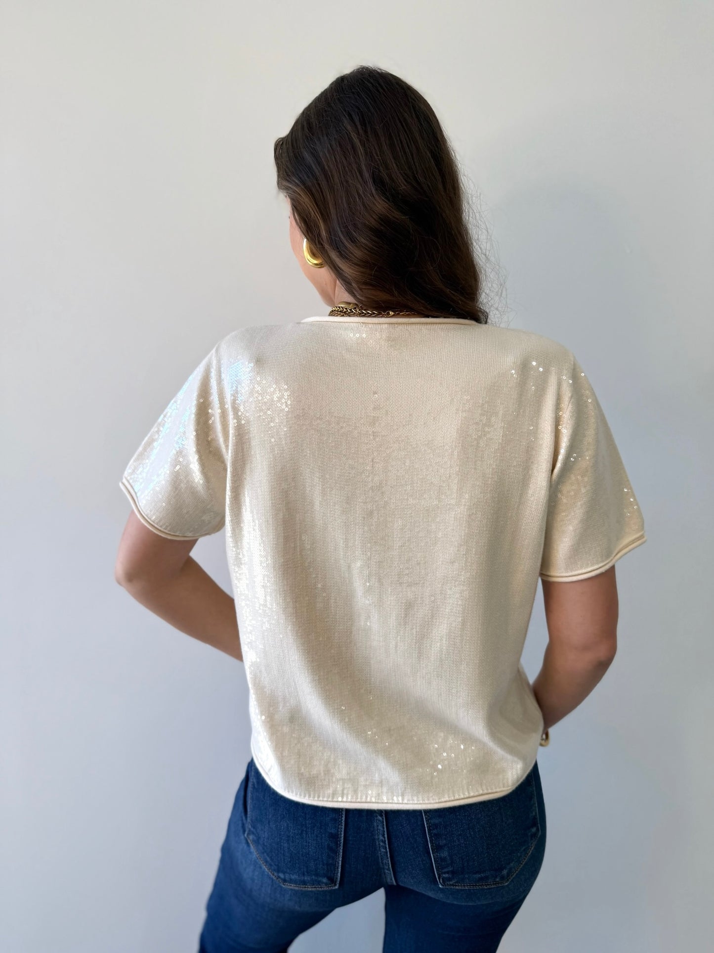 Tiny Sequins Knit Top - Cream