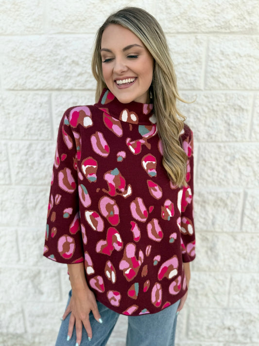 Animal Pattern Mock Neck Bell Slv Sweater - Wine
